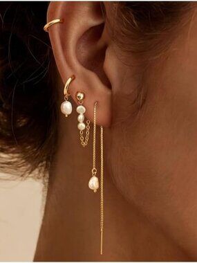 Women's 4 pearl chain earring set 14K Gold Plated Jewelry Gold Hoop Earrings